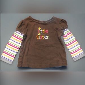 Gymboree “LITTLE SISTER” Brown Long Sleeve Layered-Look Tee w/ Colorful Stripes